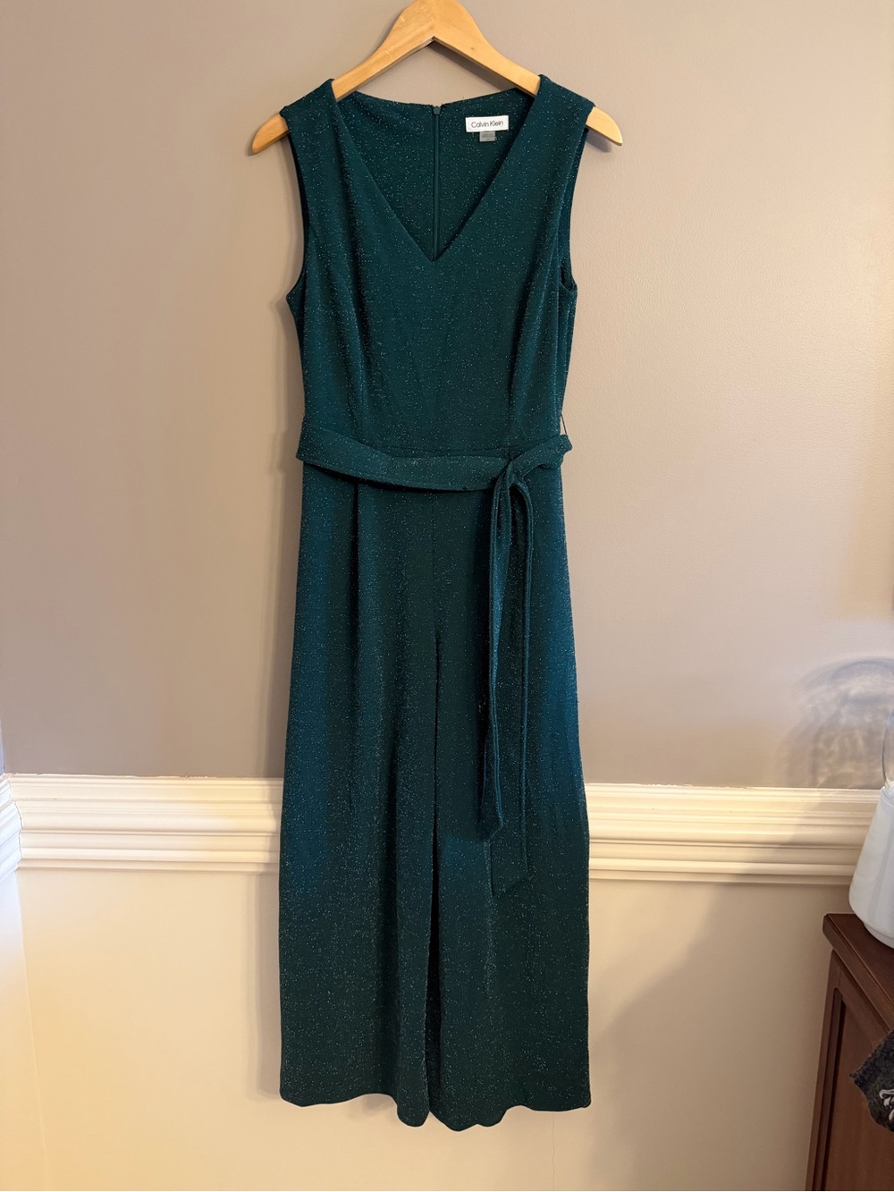 Calvin Klein Emerald Green Sparkle Metallic Sleeveless Belted Jumpsuit Size 6